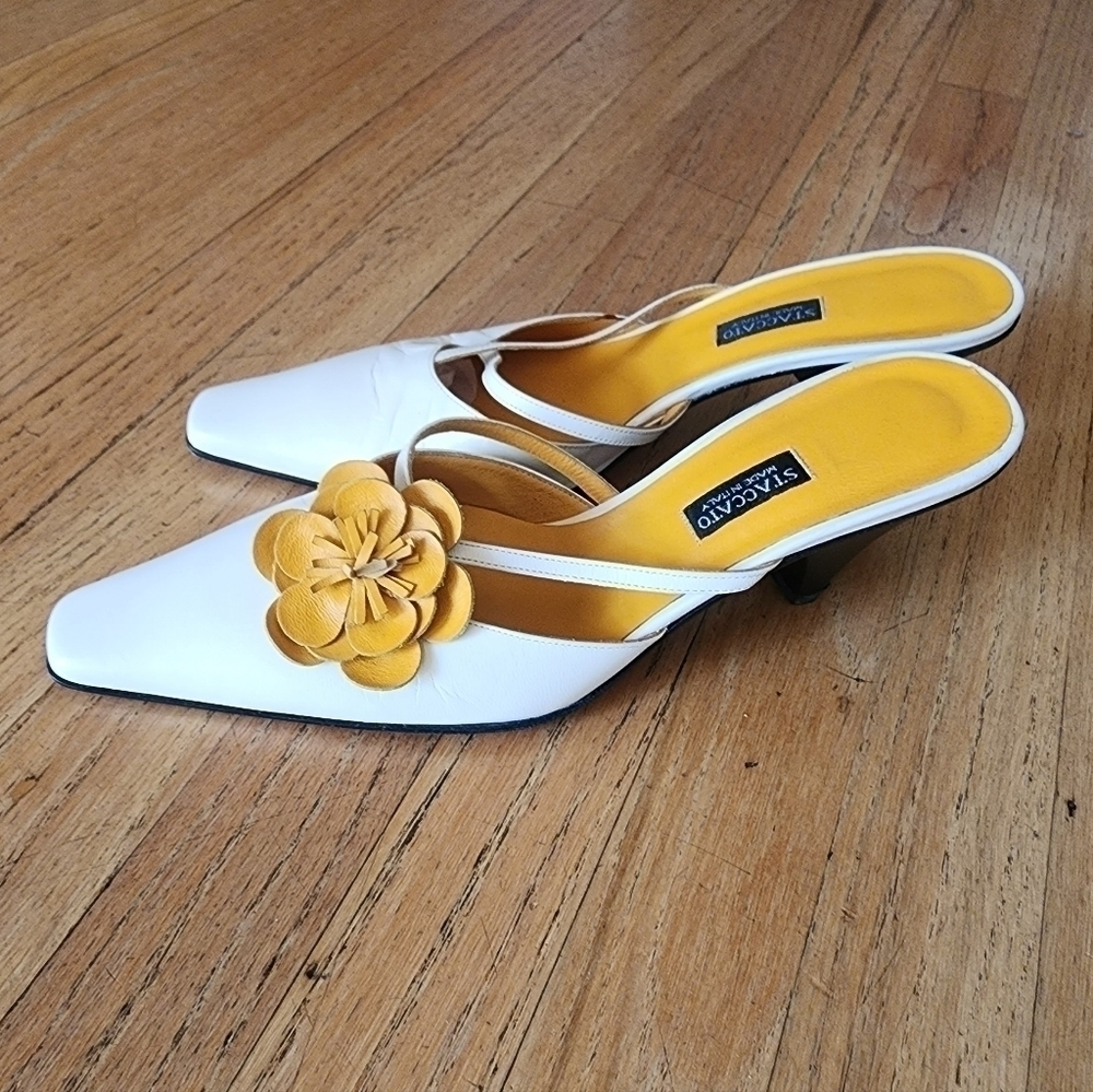 Staccato White Business Casual Leather Mules with Flower Detail size 37.5